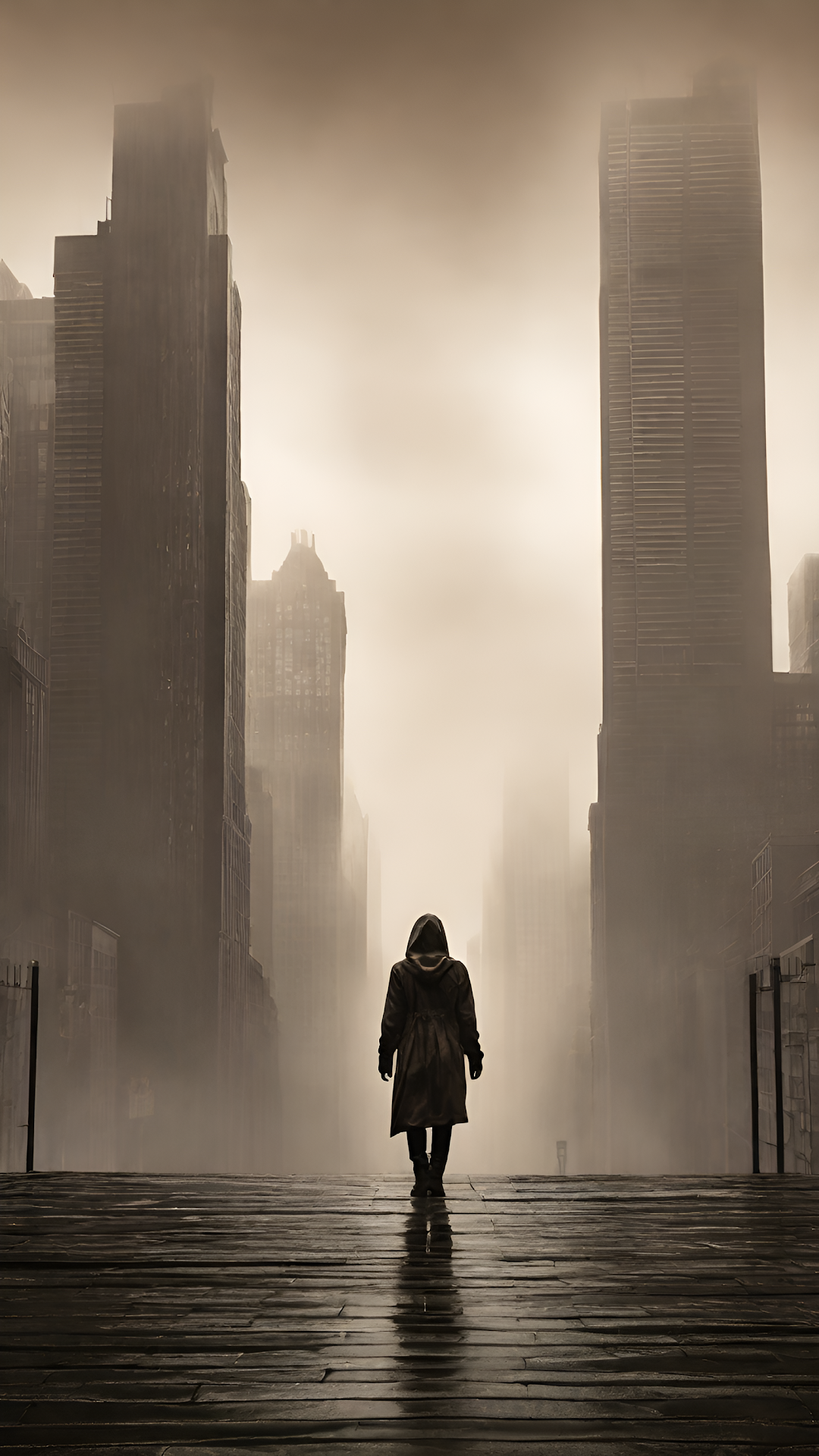 Solitary Figure in Foggy Dystopian City Street Sepia - Free 4K mobile Wallpaper