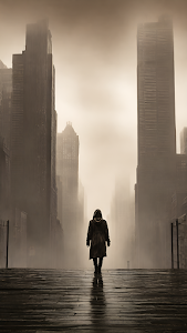 Solitary Figure in Foggy Dystopian City Street Sepia