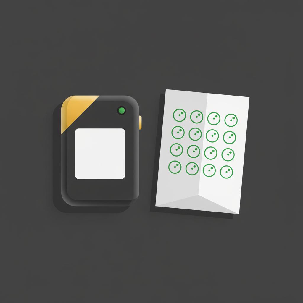 Minimalist 2D vector of a hardware wallet and printed seed phrase guide on dark background illustrating secure crypto setup buy shiba inu coin