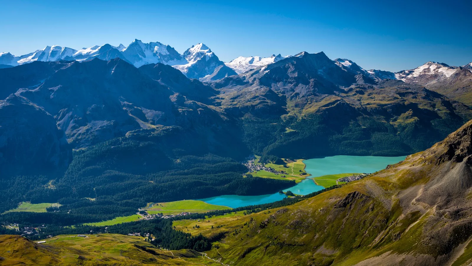 Snowy Alpine Peaks Over Turquoise Lakes - Landscape Photography 5K Wallpaper (6144x3462)