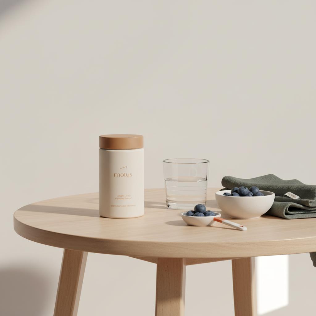 Motus supplement jar on a round wooden table with a glass of water, folded towel, and bowl of blueberries in a minimalist morning scene for pre-workout fat loss.