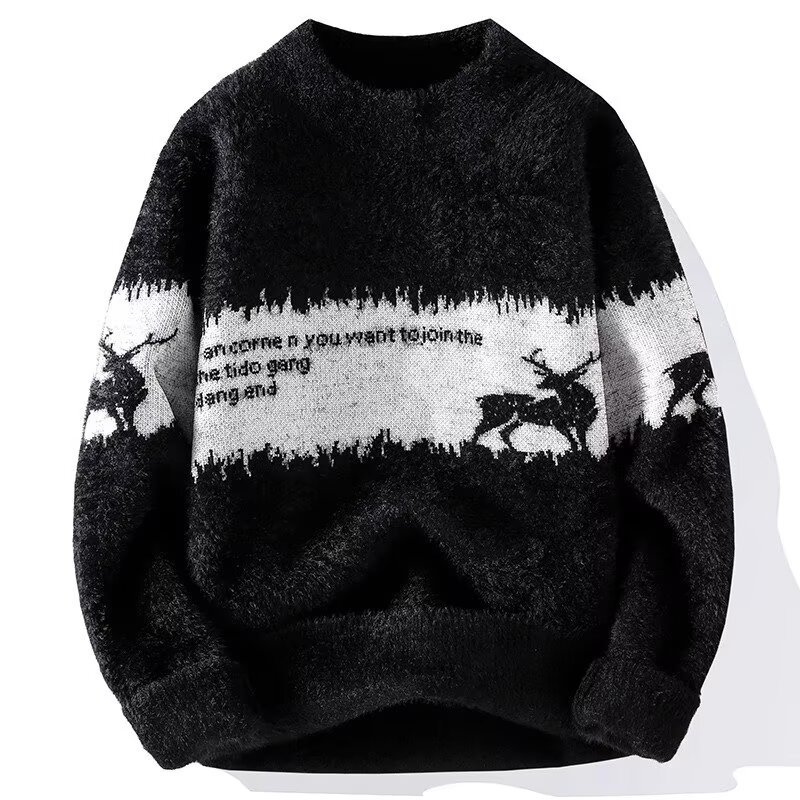 Men's knit sweater with reindeer motif and standing collar