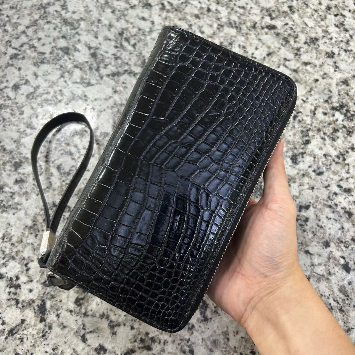black genuine alligator leather double-zip clutch bag for men with glossy finish and wrist strap - detail 4.2