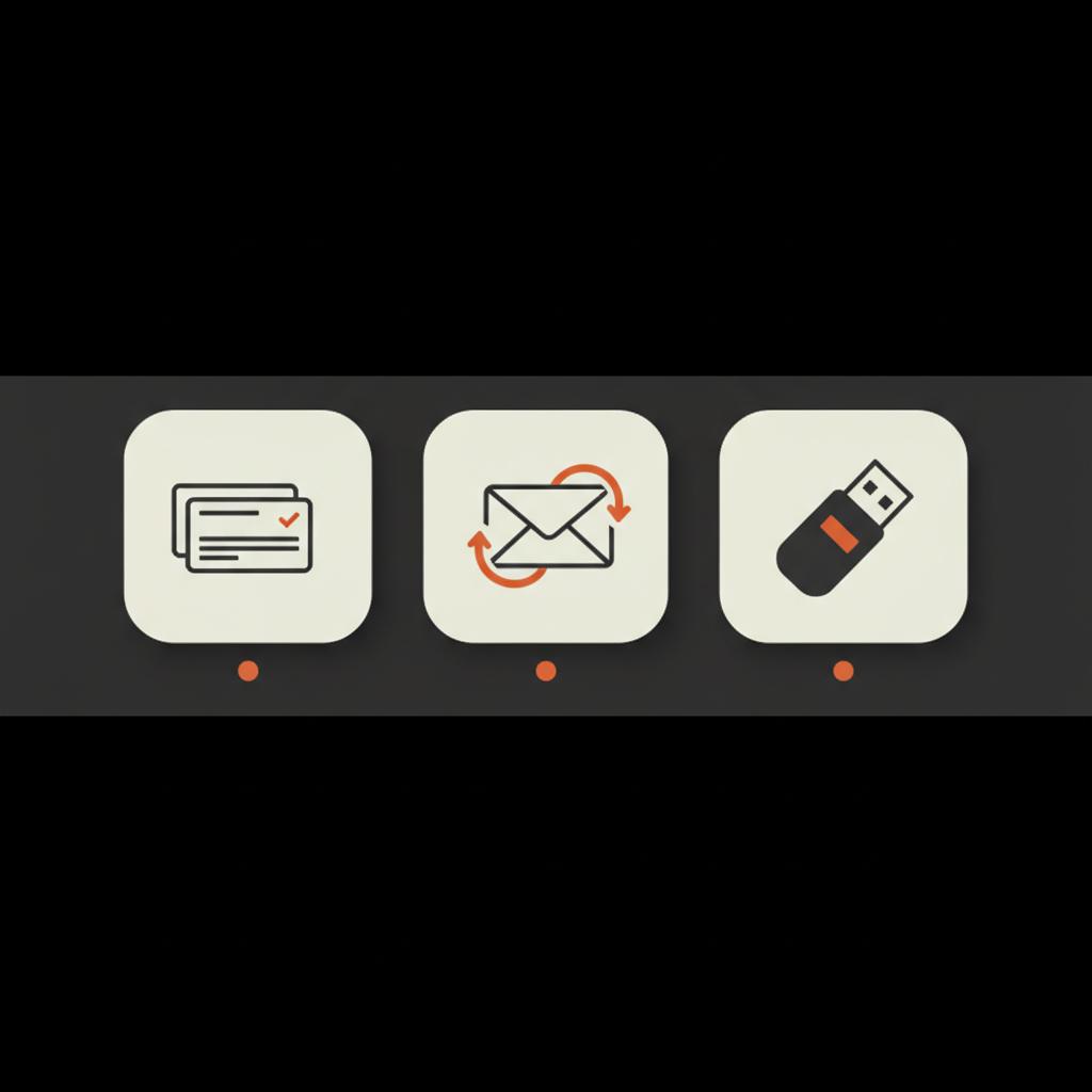 Minimal vector checklist showing icons for backup codes, recovery email, and hardware key on a black panel for Google account recovery using Social Success Hub brand colors.