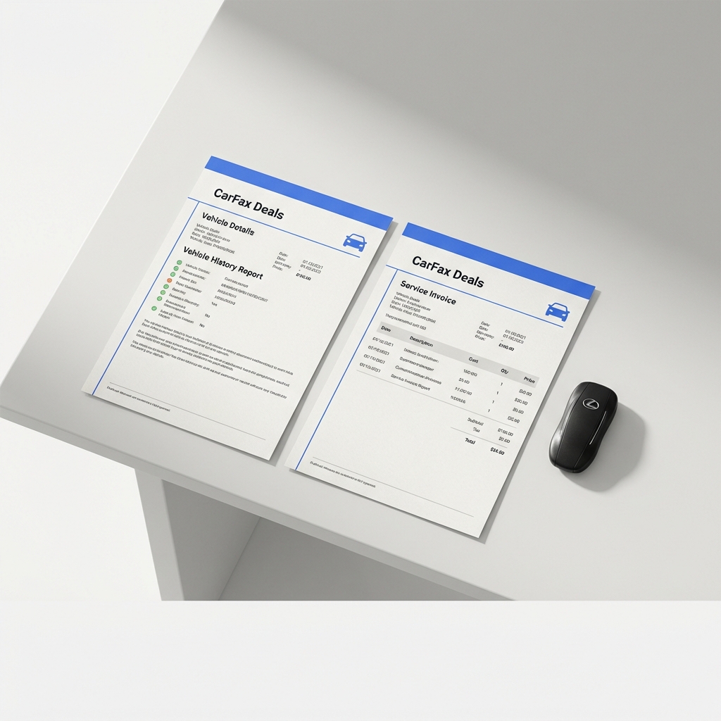 Close up overhead photo of vehicle history report service invoice and car key on white table with CarFax Deals blue accents highlighting nissan 370z for sale paperwork