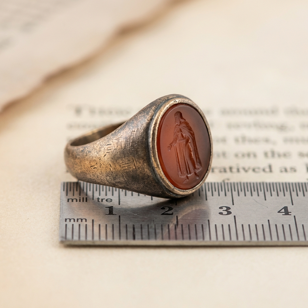 Close up macro of antique knights templar ring for sale intaglio bezel with patina and tool marks on millimetre ruler minimalist neutral background #ede7da