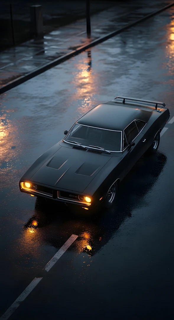 Classic Black Muscle Car on Wet Rainy Street at Night