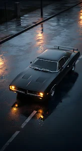Classic Black Muscle Car on Wet Rainy Street at Night