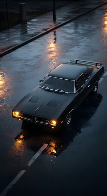 Classic Black Muscle Car on Wet Rainy Street at Night - Free mobile Wallpaper
