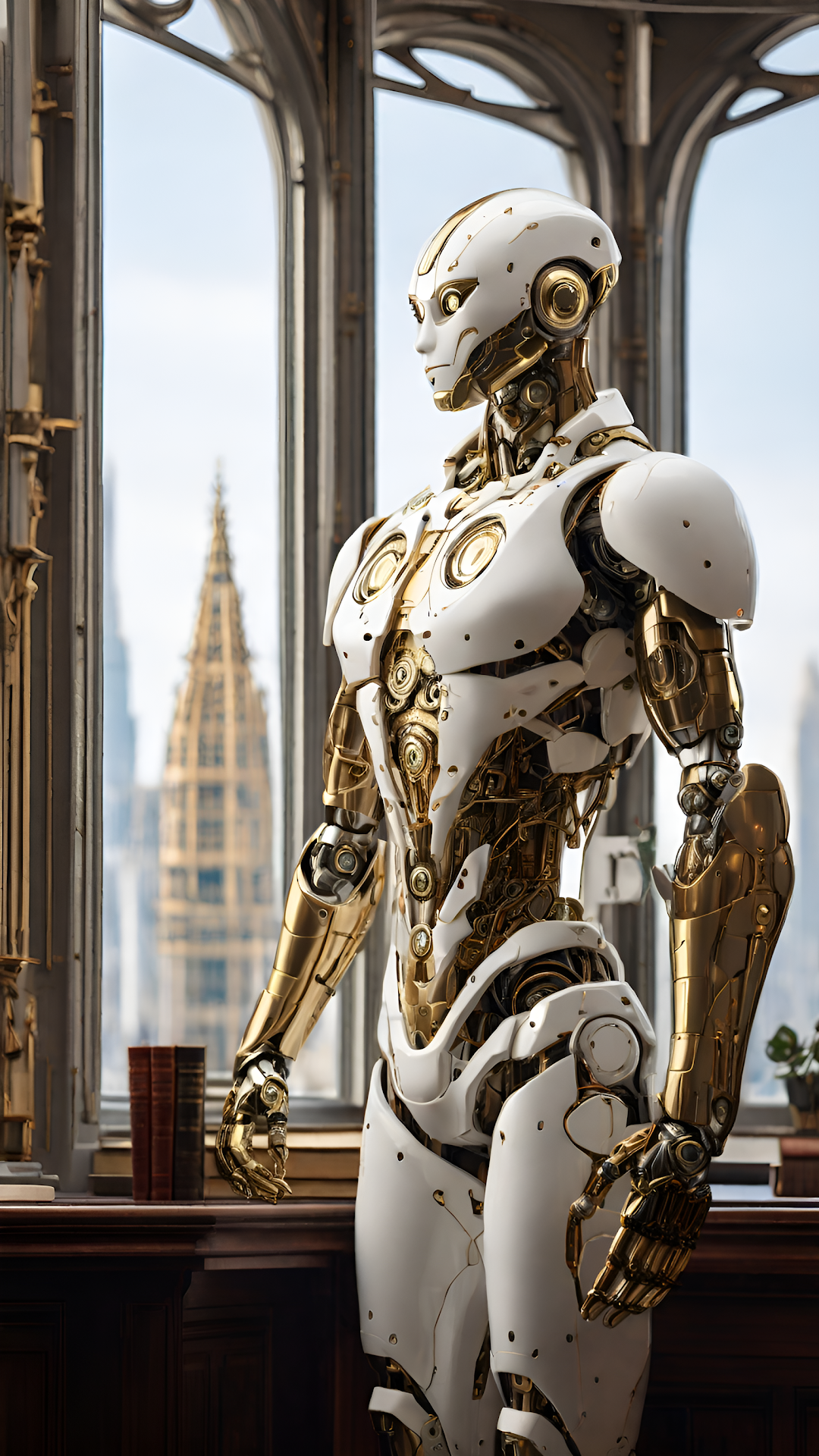 Elegant Android Portrait Against Golden City Spire View - Free 4K mobile Wallpaper