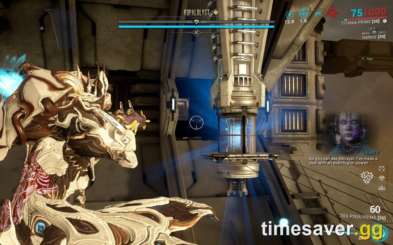 The Ropalolyst Assassination mission in progress on Jupiter, showing the boss health bar and an Alad V transmission