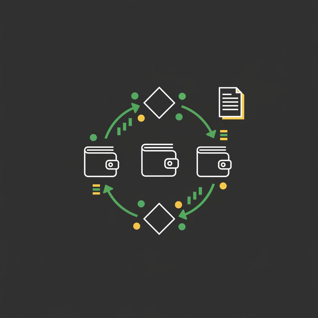 Minimal 2D vector of on chain flows between wallets and exchanges with volume indicators and regulator document icon crypto coin market news