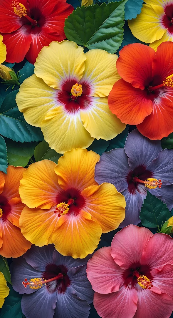 Saturated Tropical Hibiscus Flowers Vibrant Floral Mix