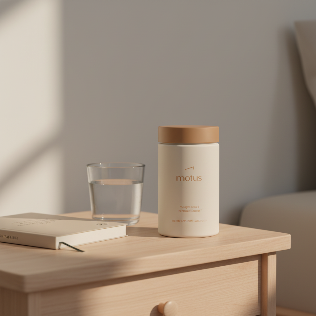 Motus supplement jar on wooden bedside table with notebook and glass of water in soft morning light, minimalist scene for best tablets for weight loss