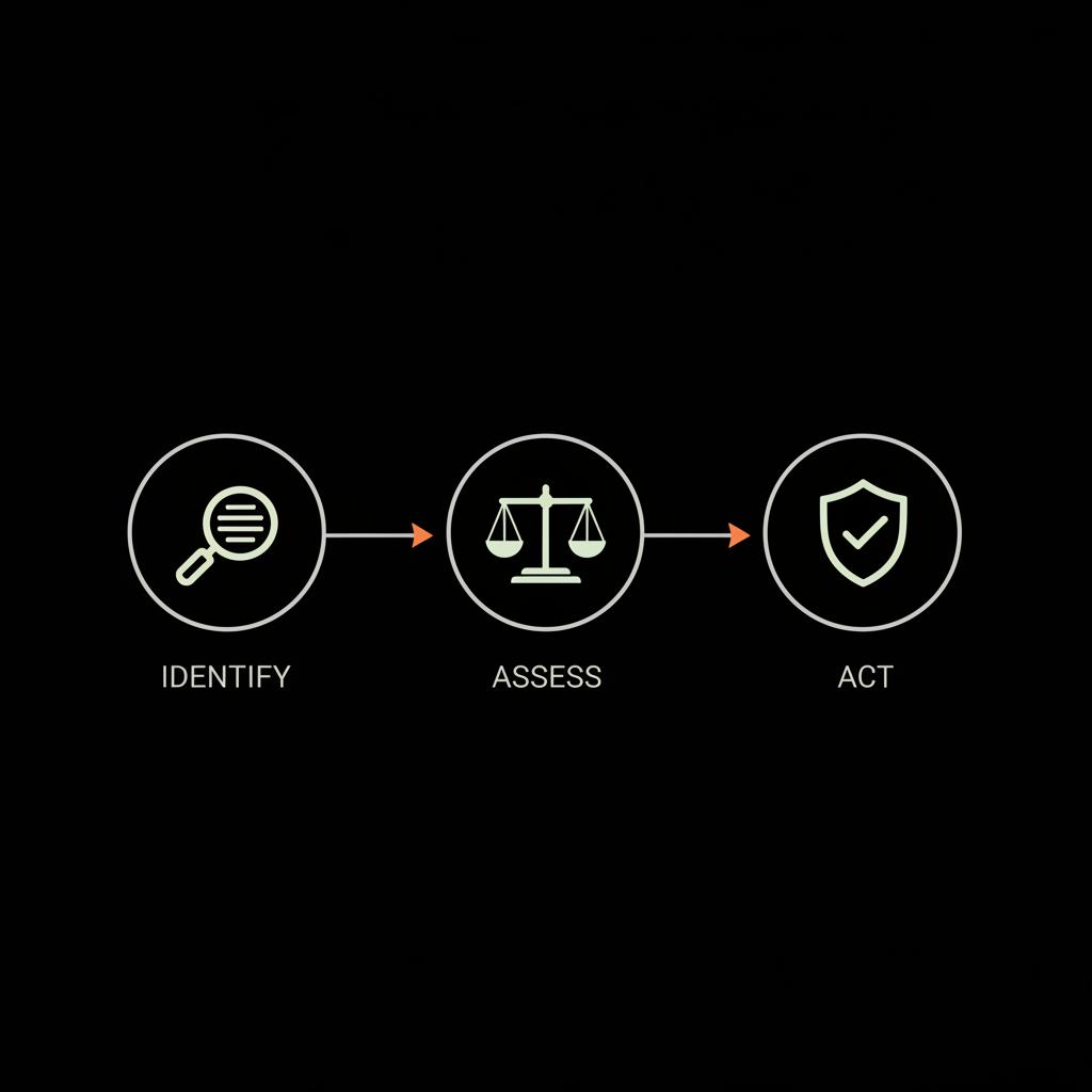 Minimal three-step infographic to delete a review: identify (magnifying glass), assess (scales), act (shield with check) on black background with brand colors.