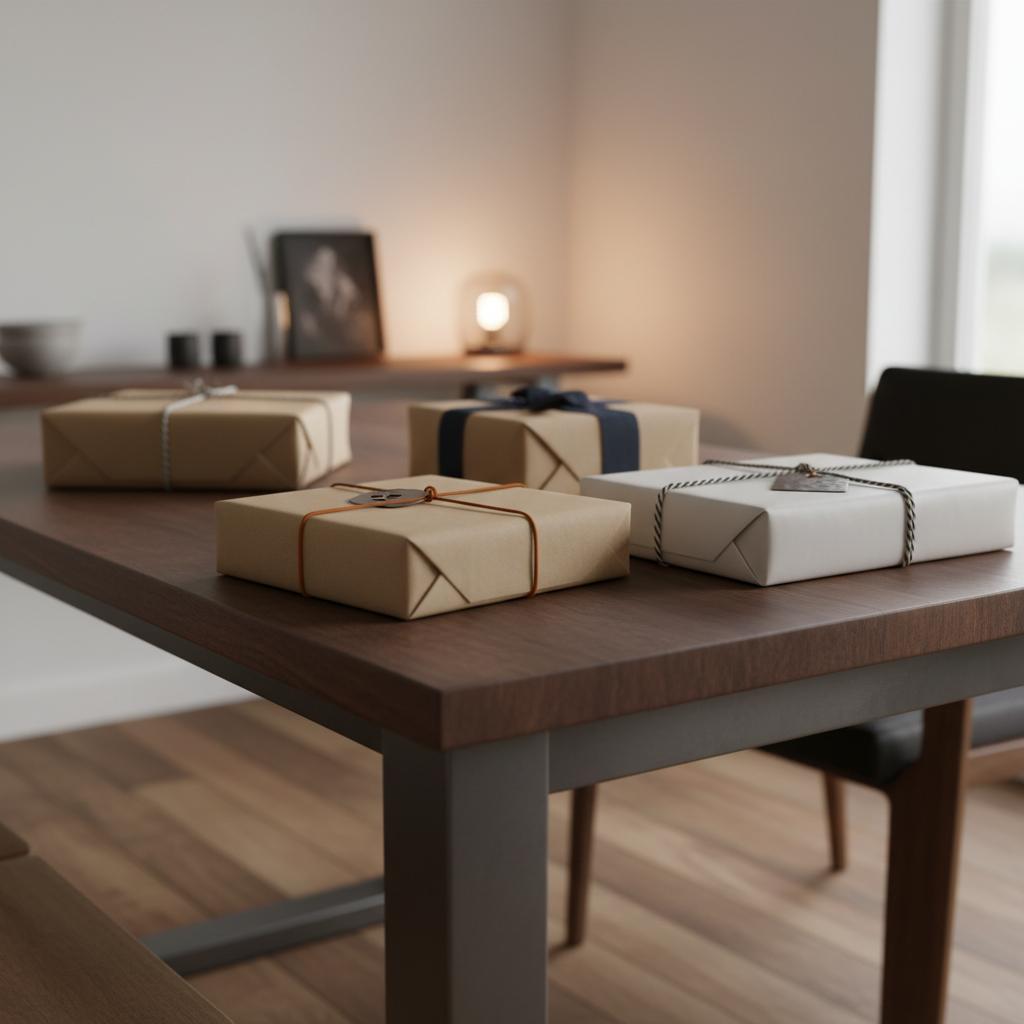 Nahaufnahme von schlicht verpackten geschenke für schwiegereltern mit Metallanhänger und graviertem Schild auf warm beleuchtetem Holz-Esstisch im minimalistischen Steelmonks-Stil.