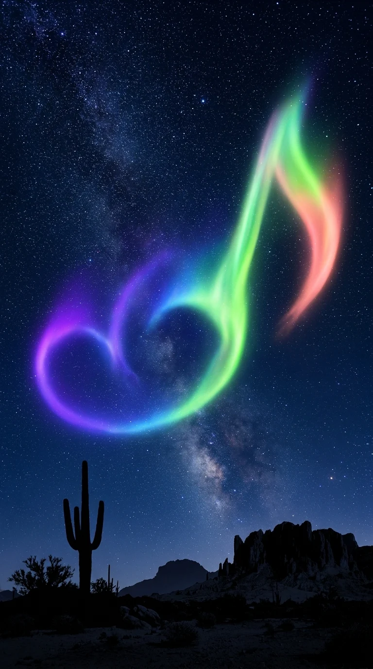 Imaginative Night Sky with Musical Note Aurora Over Desert - Free 4K mobile Wallpaper