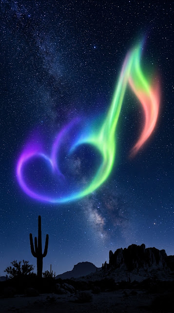 Imaginative Night Sky with Musical Note Aurora Over Desert - Free mobile Wallpaper