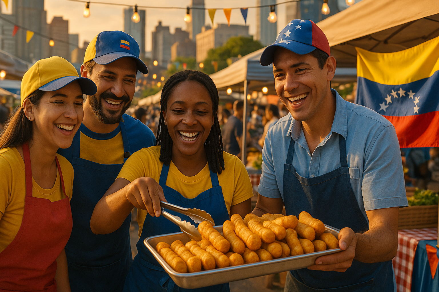 Venezolanos sirviendo tequeños en un puesto callejero internacional