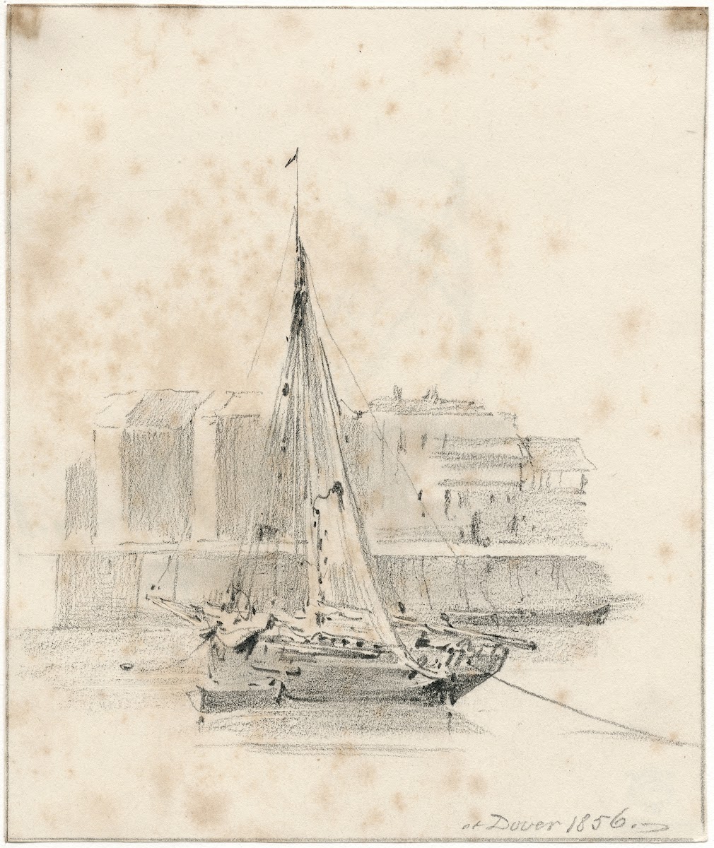 Een zeilboot op het strand bij Dover 1856