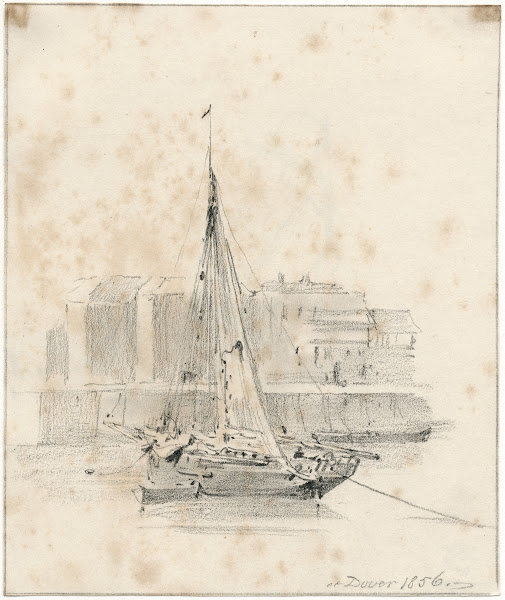 Een zeilboot op het strand bij Dover 1856