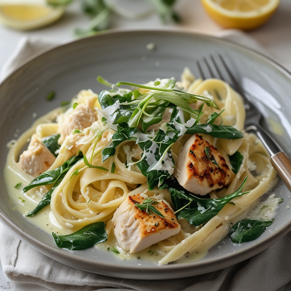 Final Creamy Lemon-Ricotta Pasta with Spring Greens & Seared Chicken