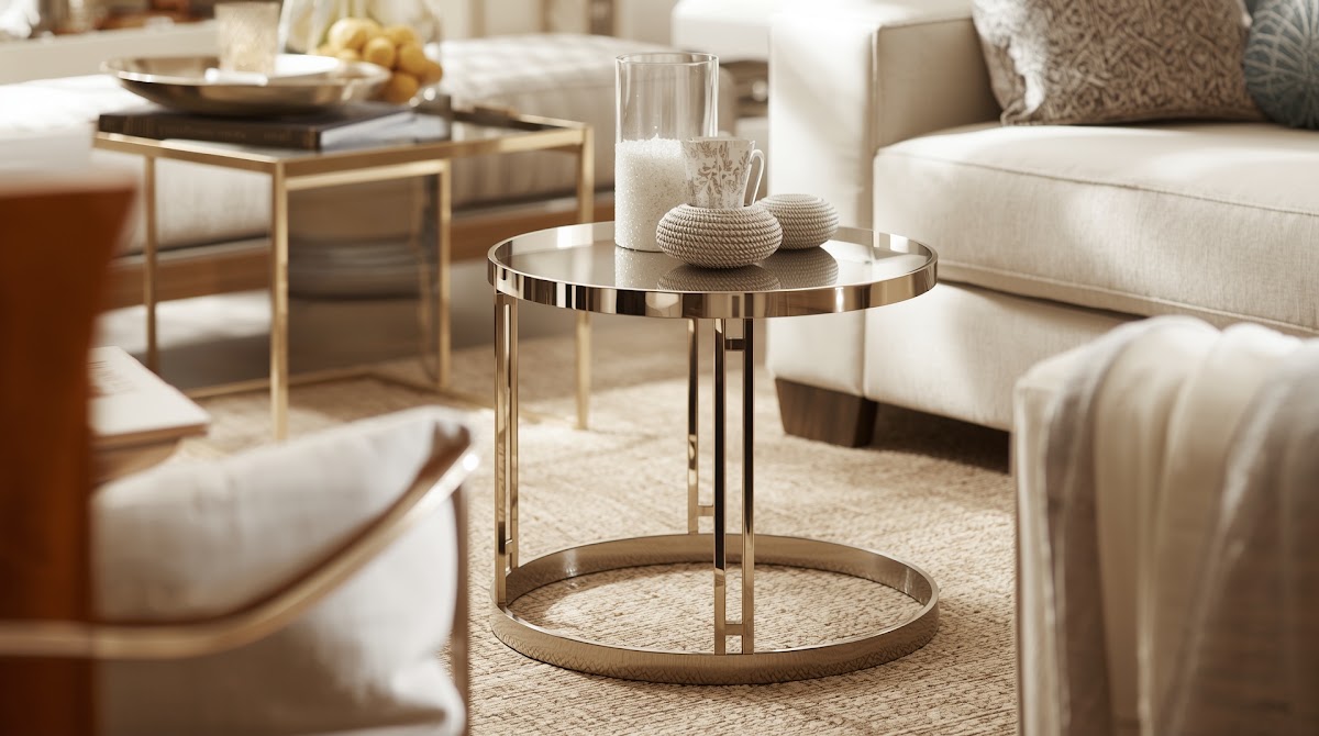 How to Make a Small Living Room Feel Bigger With Chrome Side Tables - small apartment chrome furniture measured beside warm wood storage