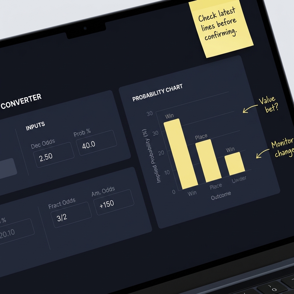 Close up full frame screen showing a betting calculator free odds converter and probability chart with neat handwritten notes in Funded Plays minimalist dark background and yellow accents