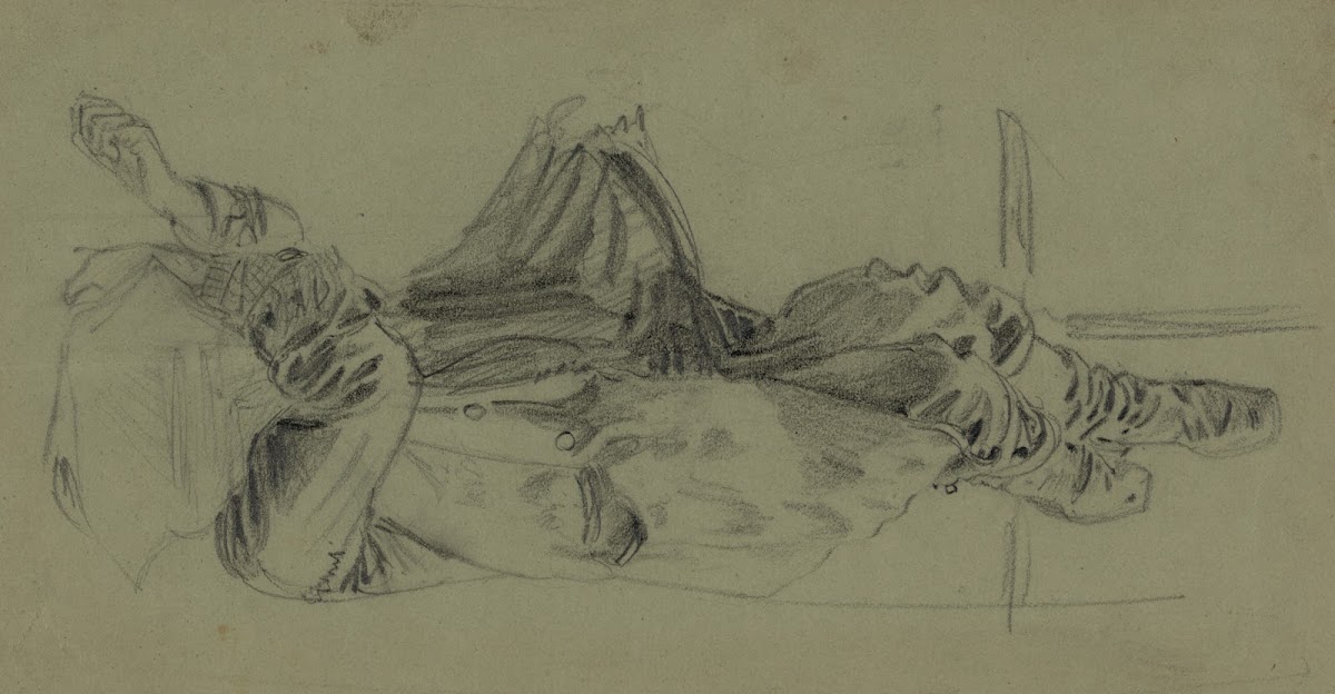 Single reclining figure with cloth over face 1860 1865