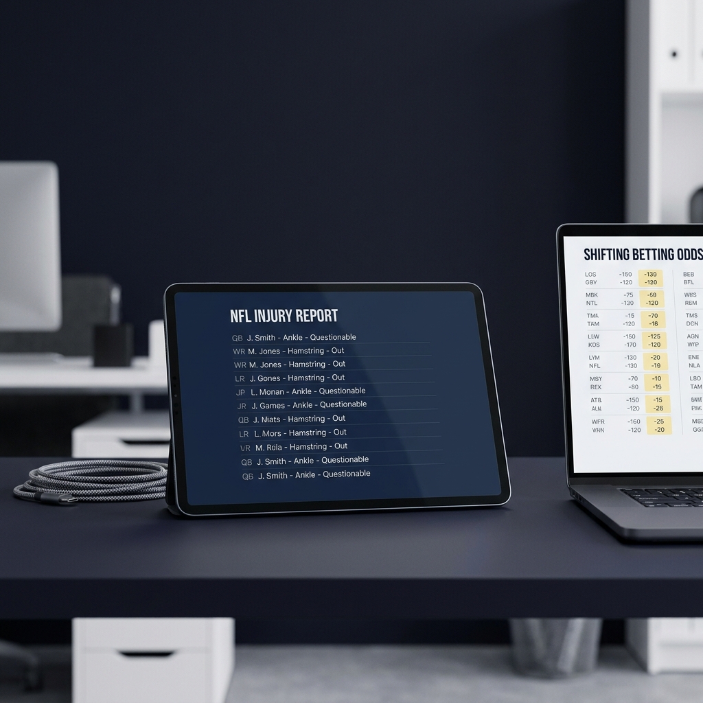 Close up tablet showing generic NFL injury report next to laptop with shifting odds in a minimalist Funded Plays layout Reading Line Movement Without Following It Blindly