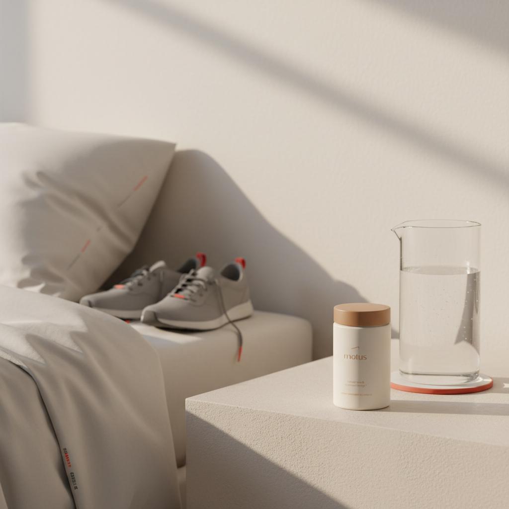 Tonum Motus container on a neutral bedside table beside a water carafe and blurred running shoes, illustrating over the counter diet supplements in an everyday wellness scene