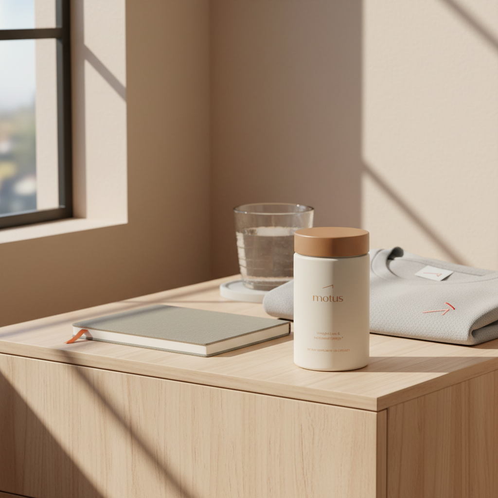 Motus supplement jar on a wooden bedside table with notebook, glass of water and folded workout tee in Tonum colors, illustrating the fastest way to burn fat and lose weight