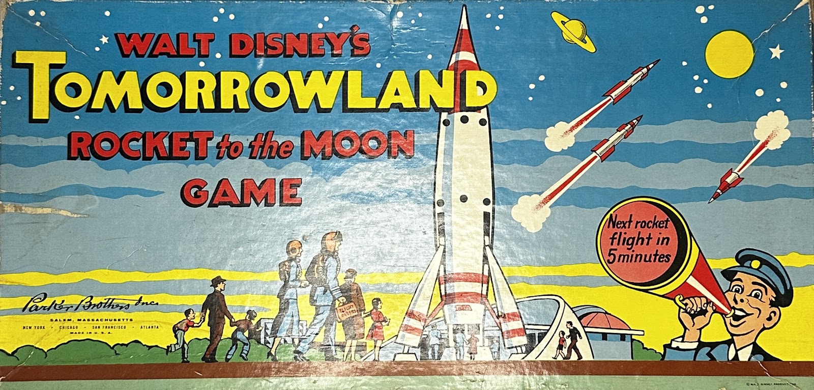 Walt Disney's Tomorrowland Rocket to the Moon Game by Parker Brothers, 1956, with Googie-style artwork of the TWA Moonliner