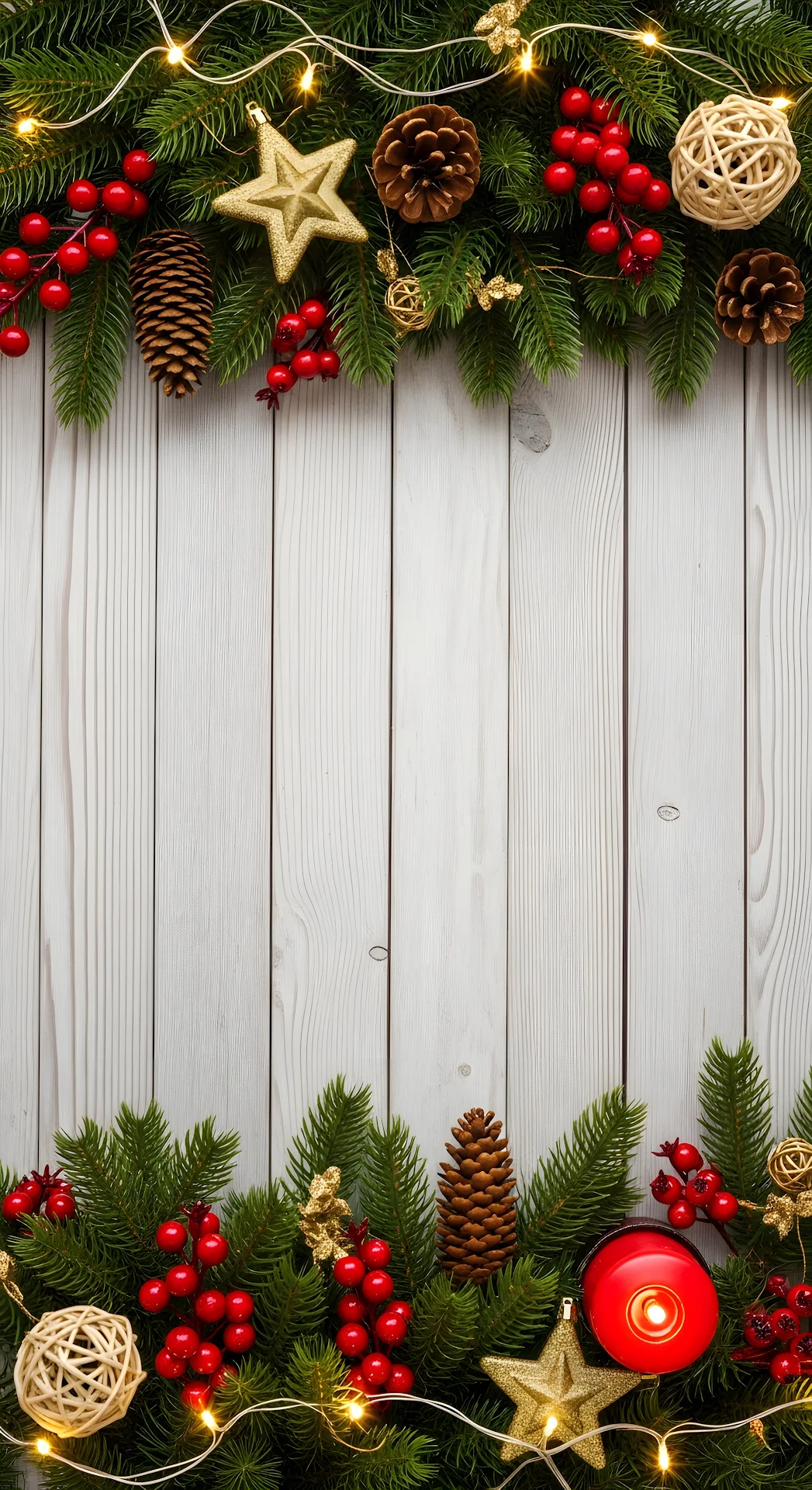 Festive Christmas Garland White Wood Background - Free 4K mobile Wallpaper