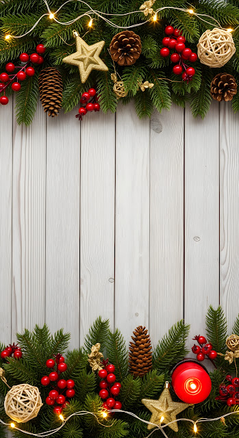 Festive Christmas Garland White Wood Background - Free mobile Wallpaper