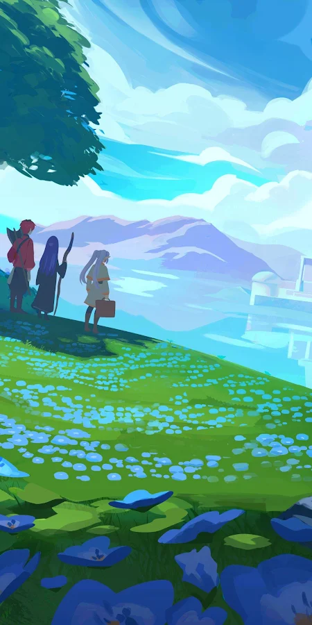 Frieren Party Overlooking A Lake 4K Phone Wallpaper