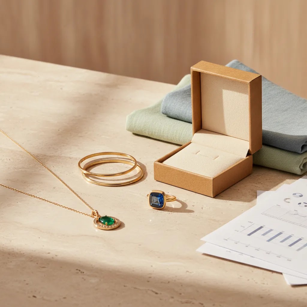 Sustainable jewelry boosts brand loyalty profits with premium fine jewelry and sourcing-focused editorial still life
