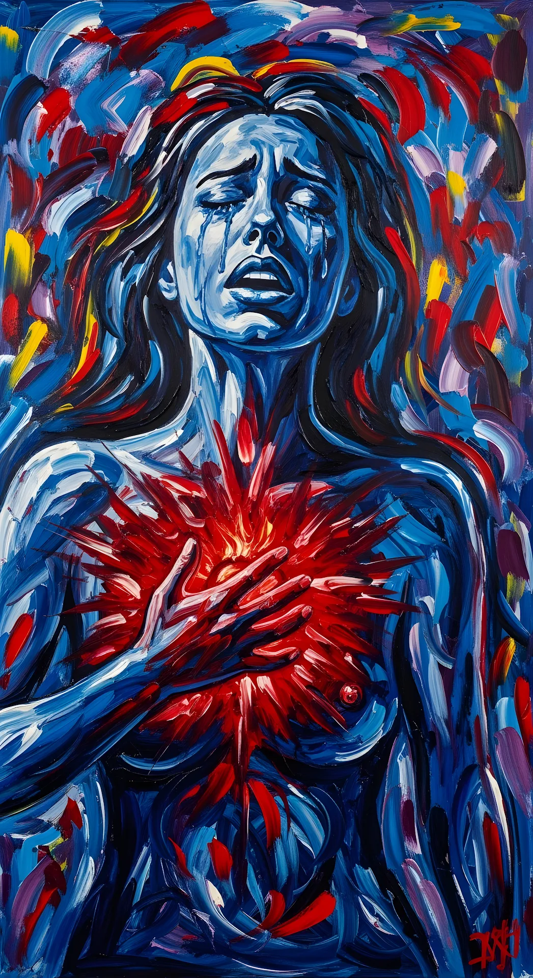 Expressionist Heartbreak Painting Blue Woman Red Burst - Free 4K mobile Wallpaper
