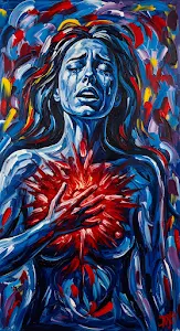 Expressionist Heartbreak Painting Blue Woman Red Burst