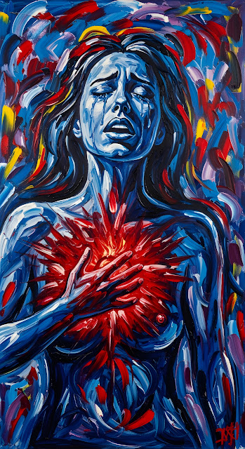 Expressionist Heartbreak Painting Blue Woman Red Burst - Free mobile Wallpaper