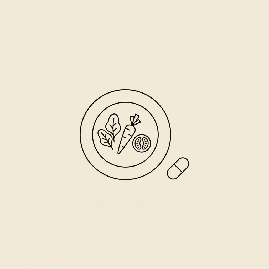 Minimalist line illustration of a plate with vegetables and a capsule on a beige background, symbolizing healthy eating and supplements for belly fat in 2 weeks