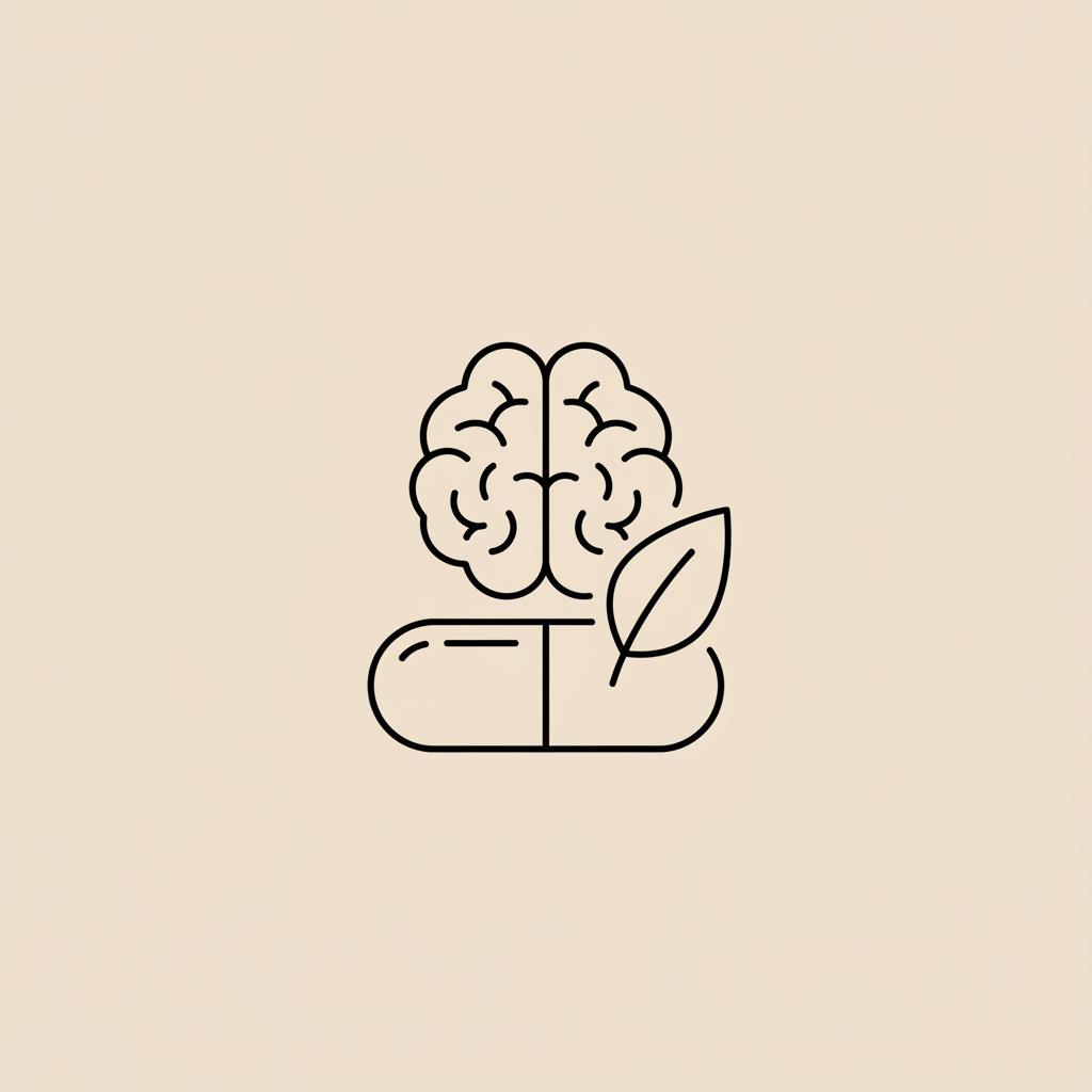 Minimal Tonum-style black line illustration of a brain, capsule, and leaf on a flat beige background representing brain fog