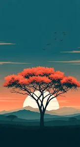 Flat Design African Savanna Sunset with Vibrant Acacia Tree