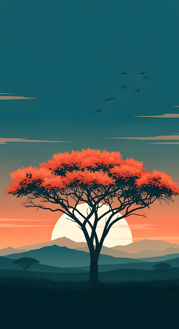 Flat Design African Savanna Sunset with Vibrant Acacia Tree - Free mobile Wallpaper