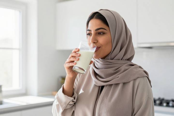 شخص عربي يشرب الحليب في مطبخه