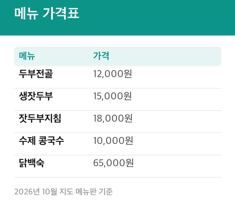 메뉴 가격표