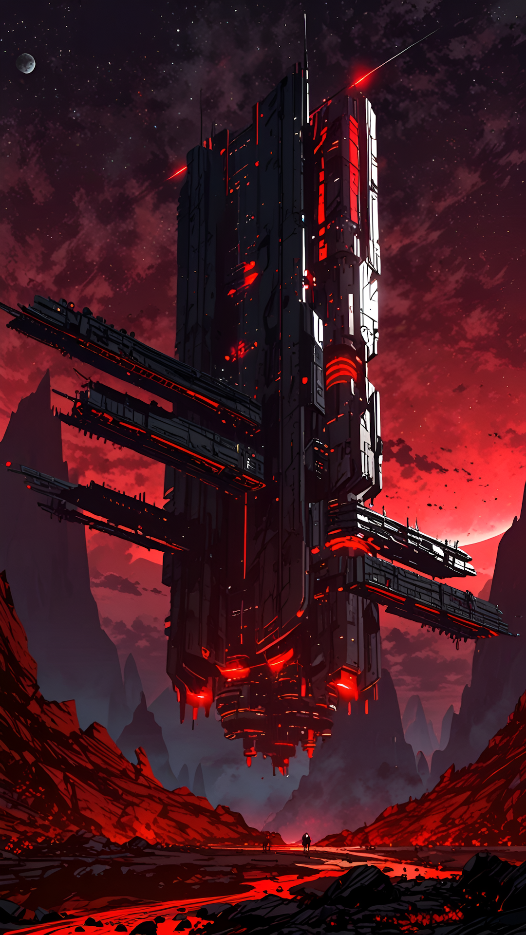 Giant Sci-Fi Tower Hovering Over Red Alien Wasteland - Free 4K mobile Wallpaper