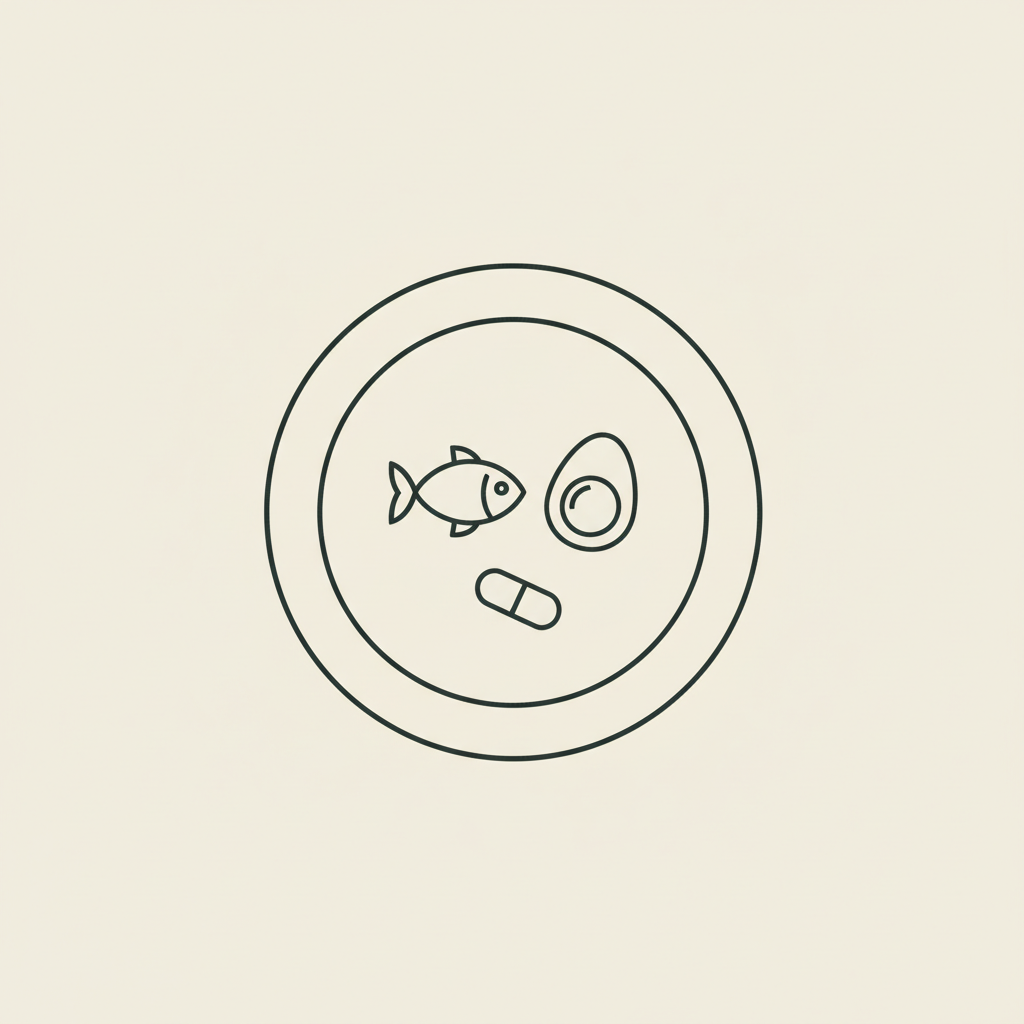 Minimalist line illustration of a plate with fish, egg, and capsule representing balanced protein sources and supplements for protein shakes for weight loss.