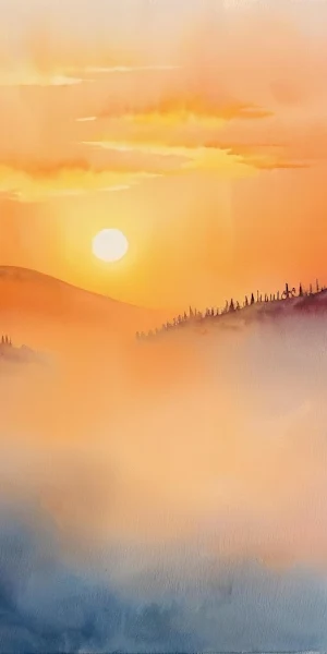 Watercolor Painting, Mountain Landscape, Sunset Art, Foggy Forest 5K Wallpaper Background