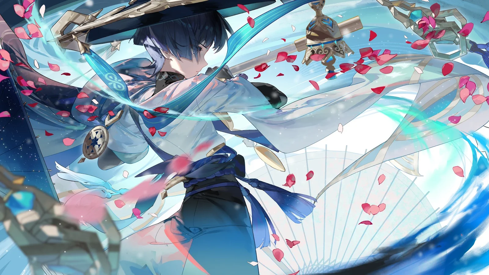 Anime, Anime Boys, Genshin Impact, Petals, Standing Full HD Desktop Wallpaper